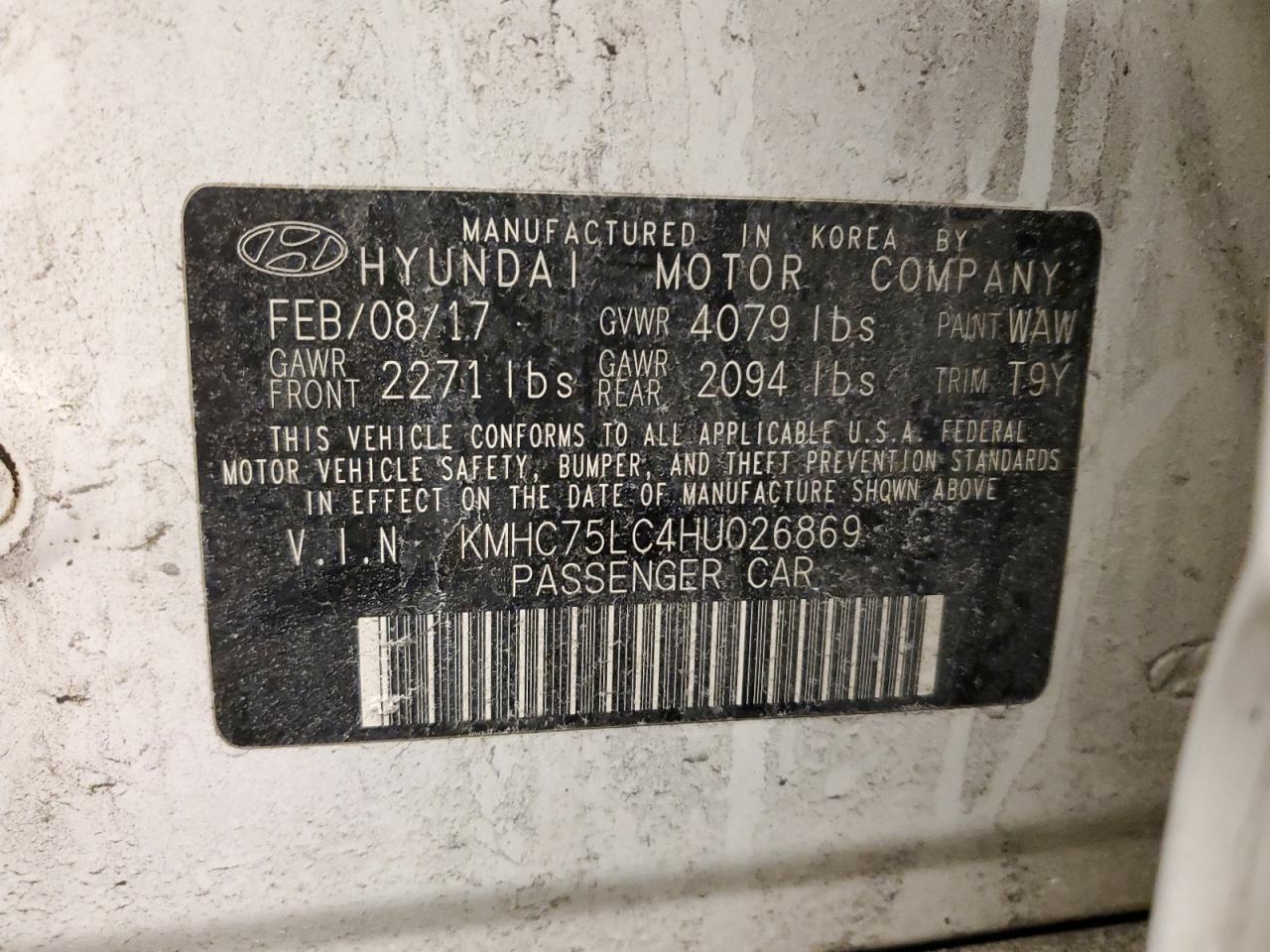 2017 Hyundai IONIQ VIN KMHC75LC4HU026869 Copart auction photo, front end / side damage thumbnail 14