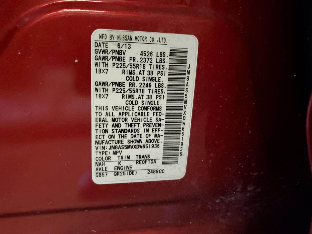 2013 Nissan Rogue VIN JN8AS5MVXDW651936 Copart auction photo, mechanical damage thumbnail 13