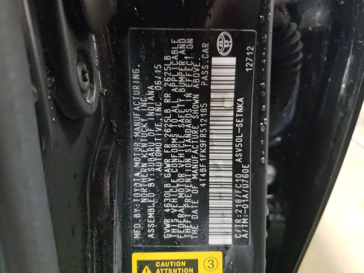 2015 Toyota Camry VIN 4T4BF1FK9FR512185 Copart auction photo, front end damage thumbnail 12