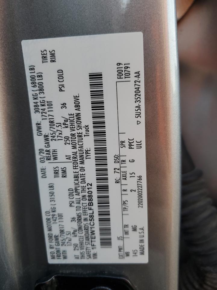 2020 Ford F-150 VIN 1FTEW1C58LFB88012 Copart auction photo, front end damage thumbnail 12
