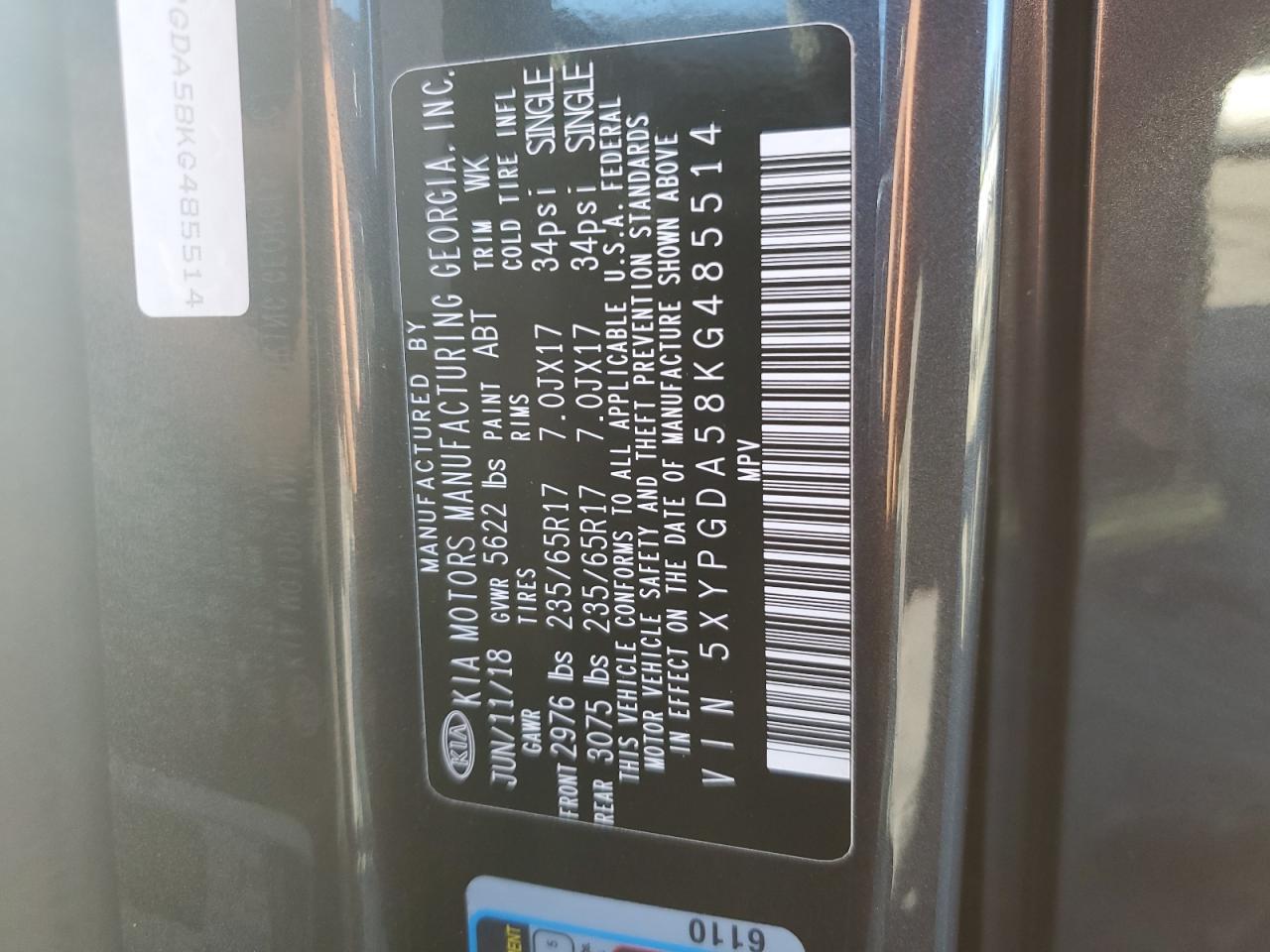 2019 KIA Sorento VIN 5XYPGDA58KG485514 Copart auction photo, front end damage thumbnail 16