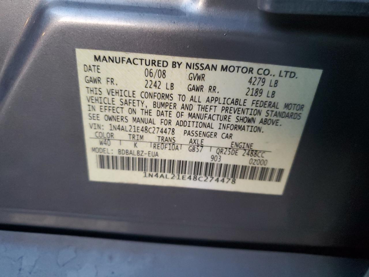 2008 Nissan Altima VIN 1N4AL21E48C274478 Copart auction photo, all over damage thumbnail 13