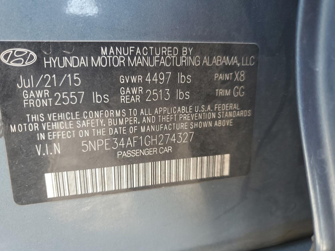 2016 Hyundai Sonata VIN 5NPE34AF1GH274327 Copart auction photo, front end / side damage thumbnail 12
