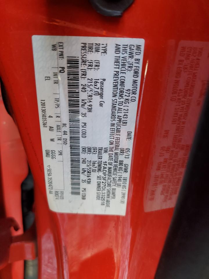 2013 Ford Focus VIN 1FADP3F27DL332518 Copart auction photo, burn - engine / front end damage thumbnail 12