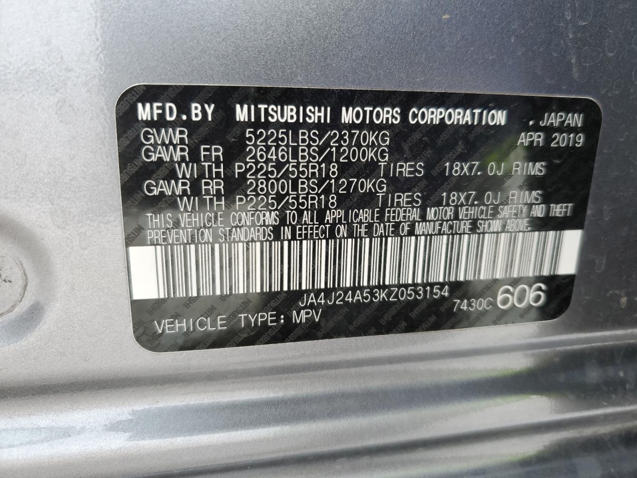 2019 Mitsubishi Outlander VIN JA4J24A53KZ053154 Copart auction photo, all over damage thumbnail 14