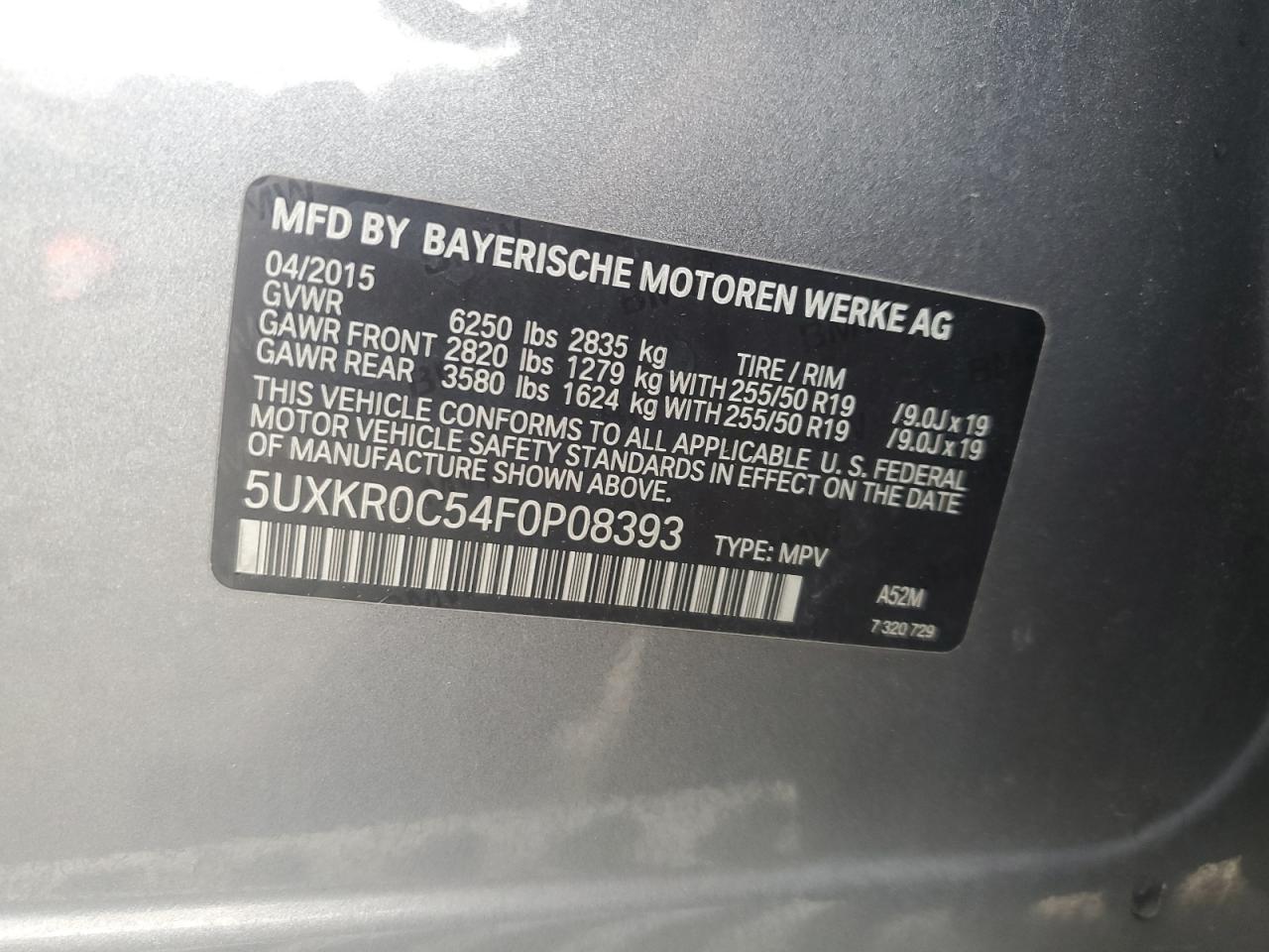 2015 BMW X5 VIN 5UXKR0C54F0P08393 Copart auction photo, front end / side damage thumbnail 15