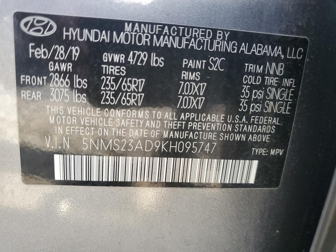 2019 Hyundai Santa Fe VIN 5NMS23AD9KH095747 Copart auction photo, front end damage thumbnail 14