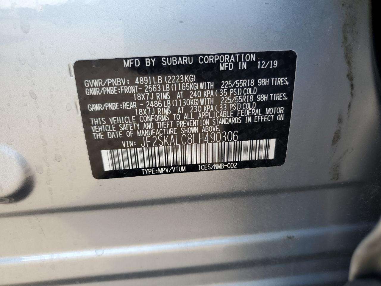 2020 Subaru Forester VIN JF2SKALC8LH490306 Copart auction photo, rear end / front end damage thumbnail 15