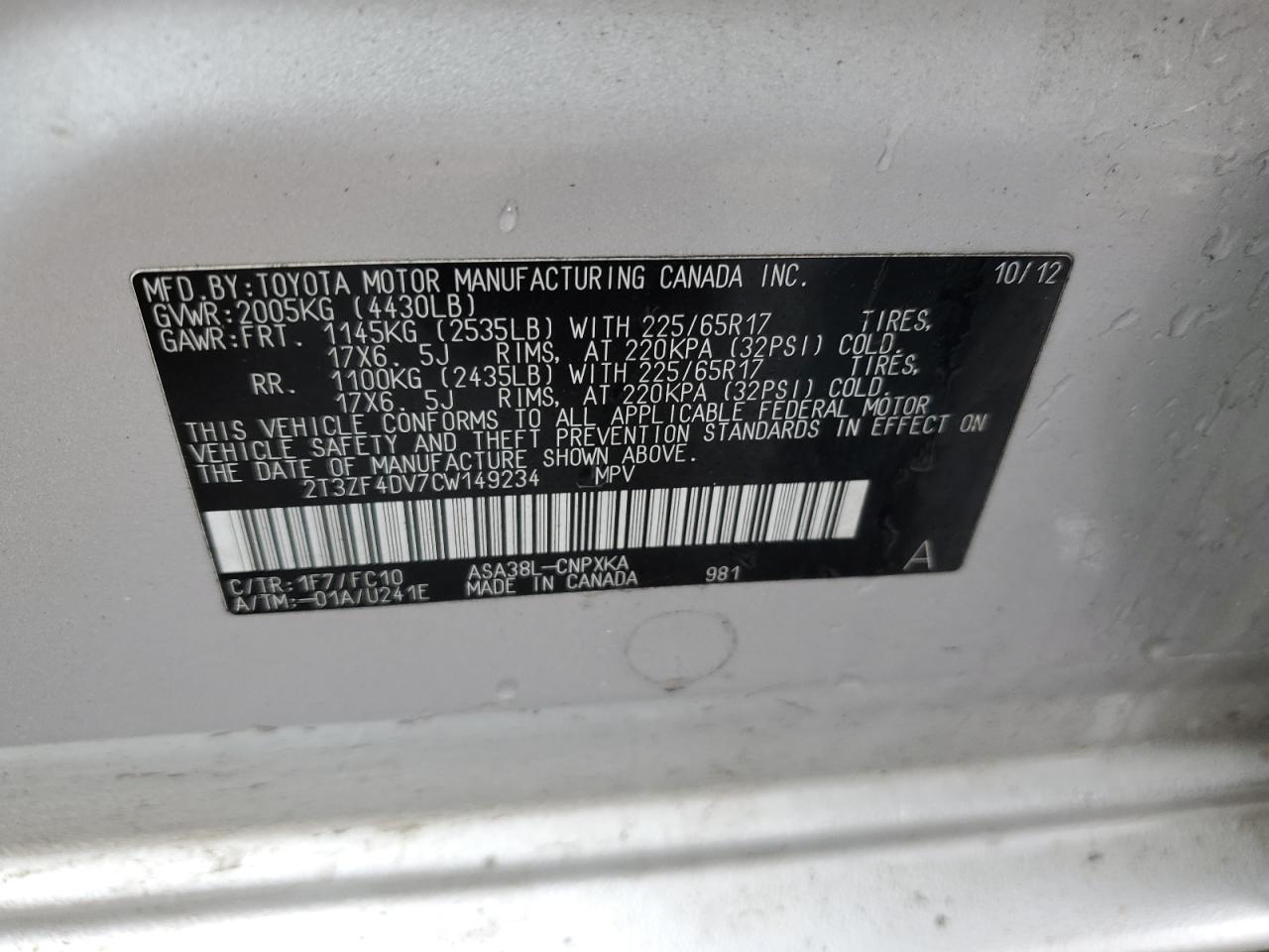 2012 Toyota RAV 4 VIN 2T3ZF4DV7CW149234 Copart auction photo, side / rear end damage thumbnail 12