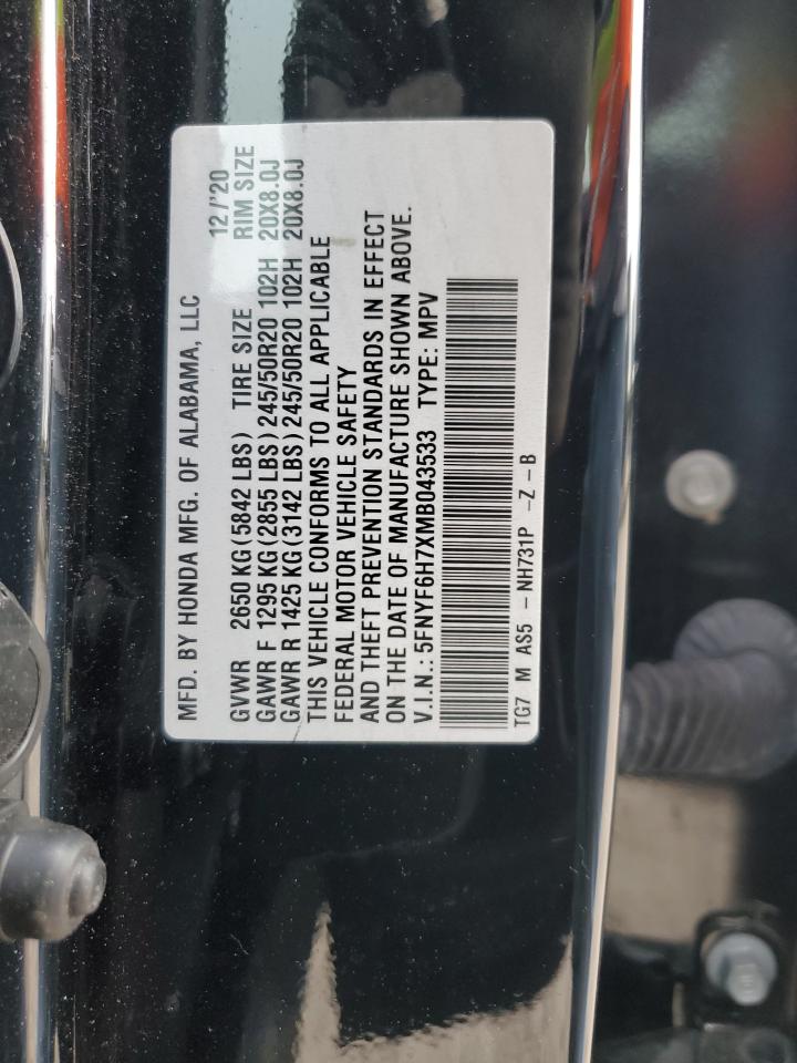 2021 Honda Pilot VIN 5FNYF6H7XMB043533 Copart auction photo, rear end damage thumbnail 13