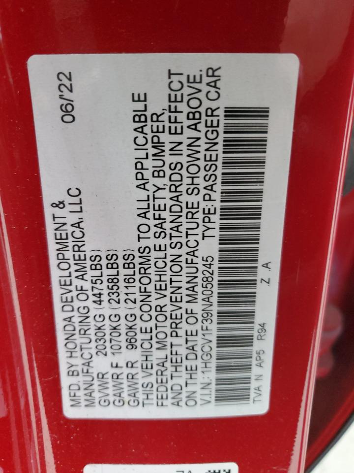 2022 Honda Accord VIN 1HGCV1F39NA058245 Copart auction photo, rear end damage thumbnail 12