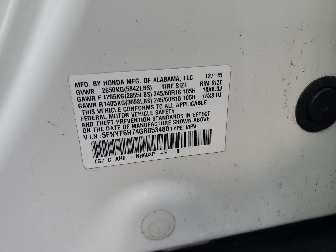 2016 Honda Pilot VIN 5FNYF6H74GB053480 Copart auction photo, front end damage thumbnail 12