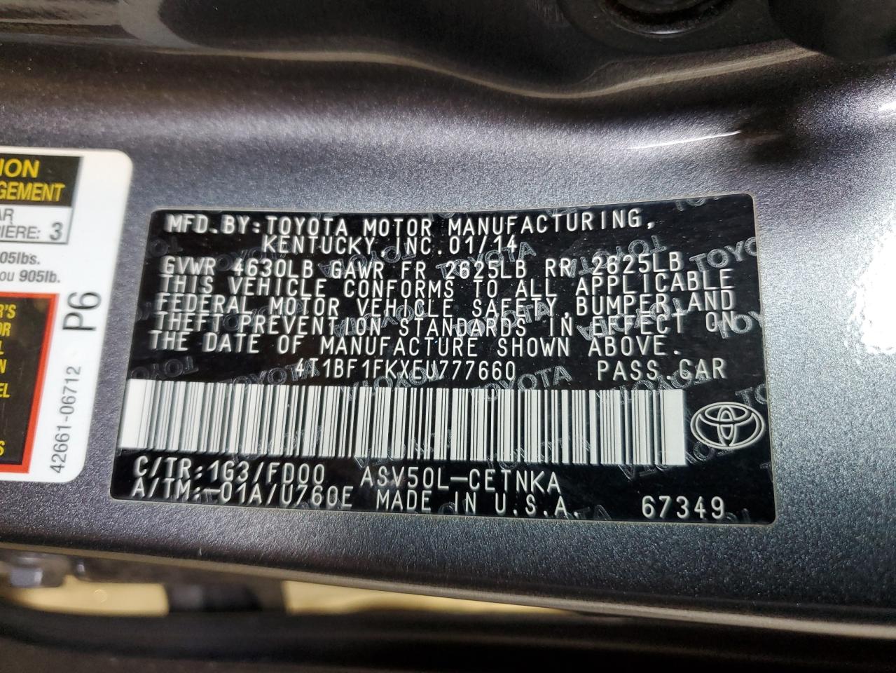 2014 Toyota Camry VIN 4T1BF1FKXEU777660 Copart auction photo, front end damage thumbnail 14