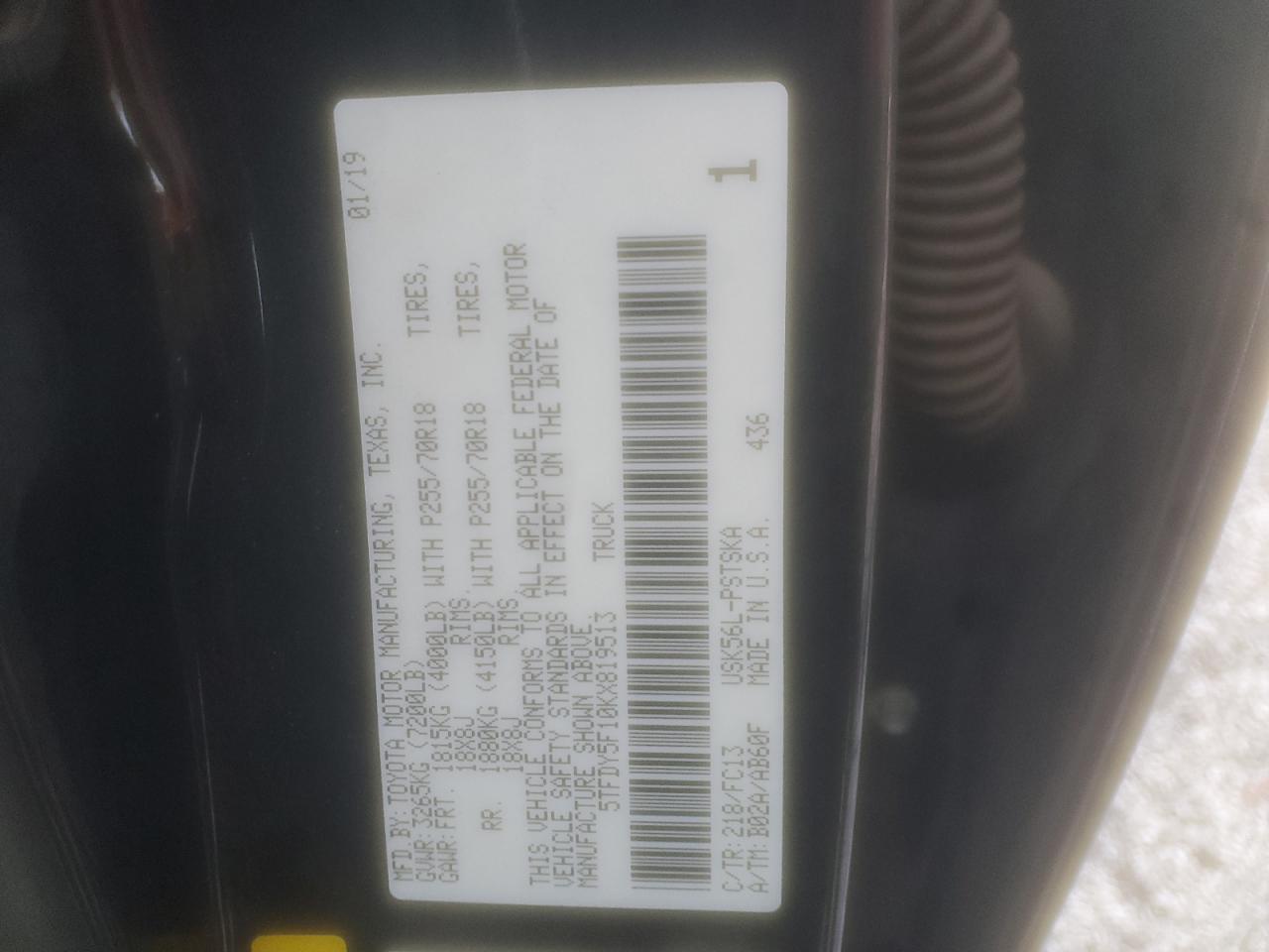 2019 Toyota Tundra VIN 5TFDY5F10KX819513 Copart auction photo, all over damage thumbnail 14