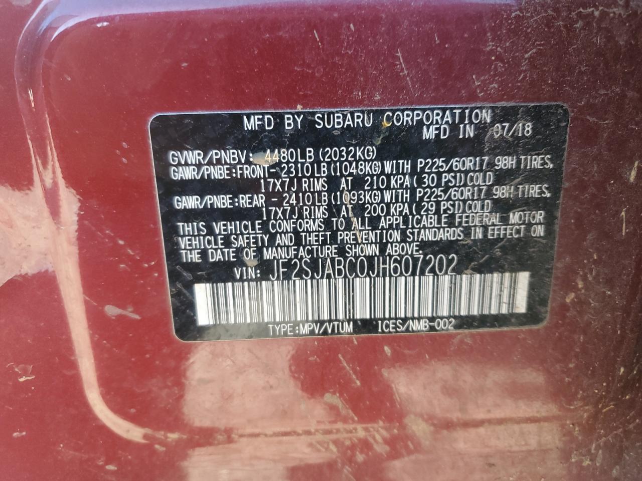 2018 Subaru Forester VIN JF2SJABC0JH607202 Copart auction photo, all over damage thumbnail 13