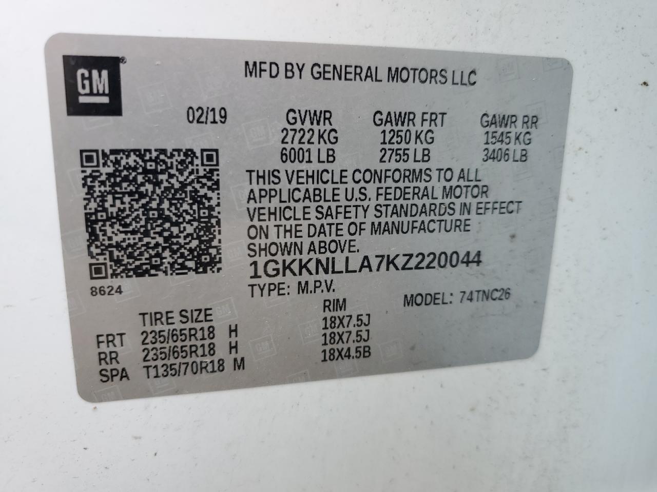 2019 GMC Acadia VIN 1GKKNLLA7KZ220044 Copart auction photo, front end / minor dent/scratches damage thumbnail 15