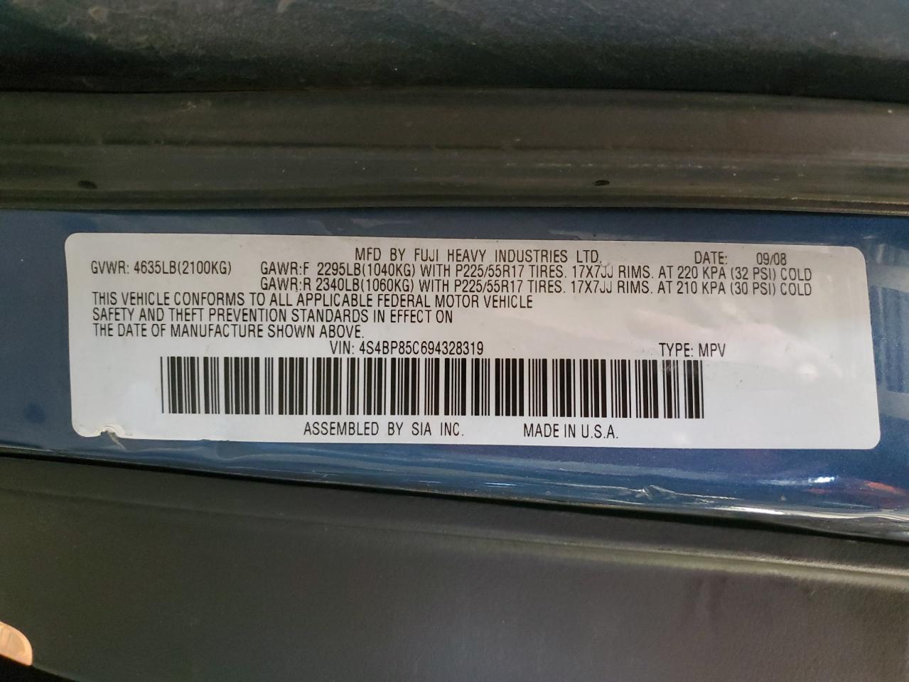 2009 Subaru Outback VIN 4S4BP85C694328319 Copart auction photo, rear end / undercarriage damage thumbnail 14