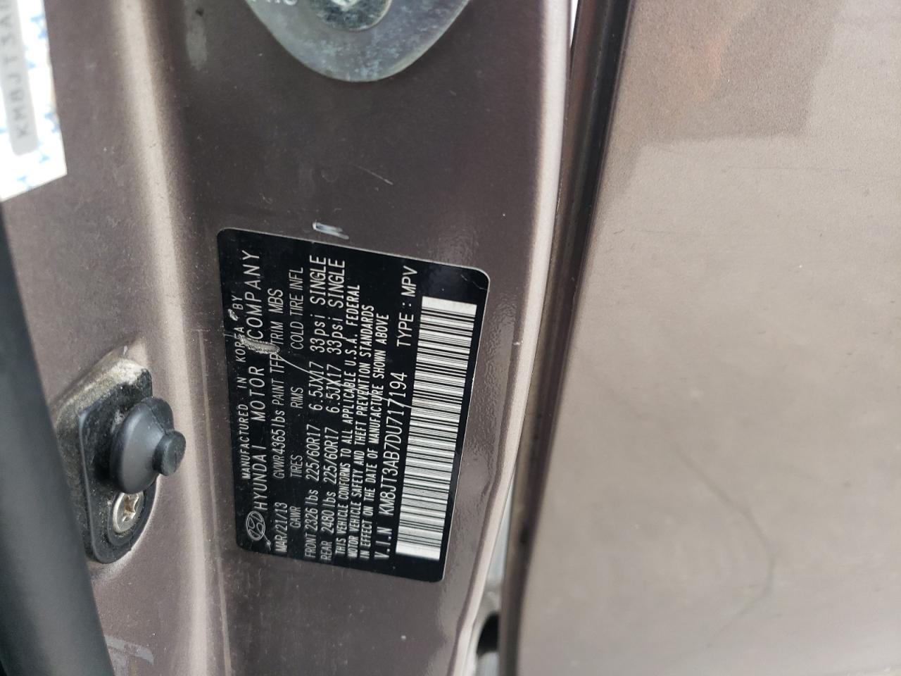 2013 Hyundai Tucson VIN KM8JT3AB7DU717194 Copart auction photo, front end / rear end damage thumbnail 15