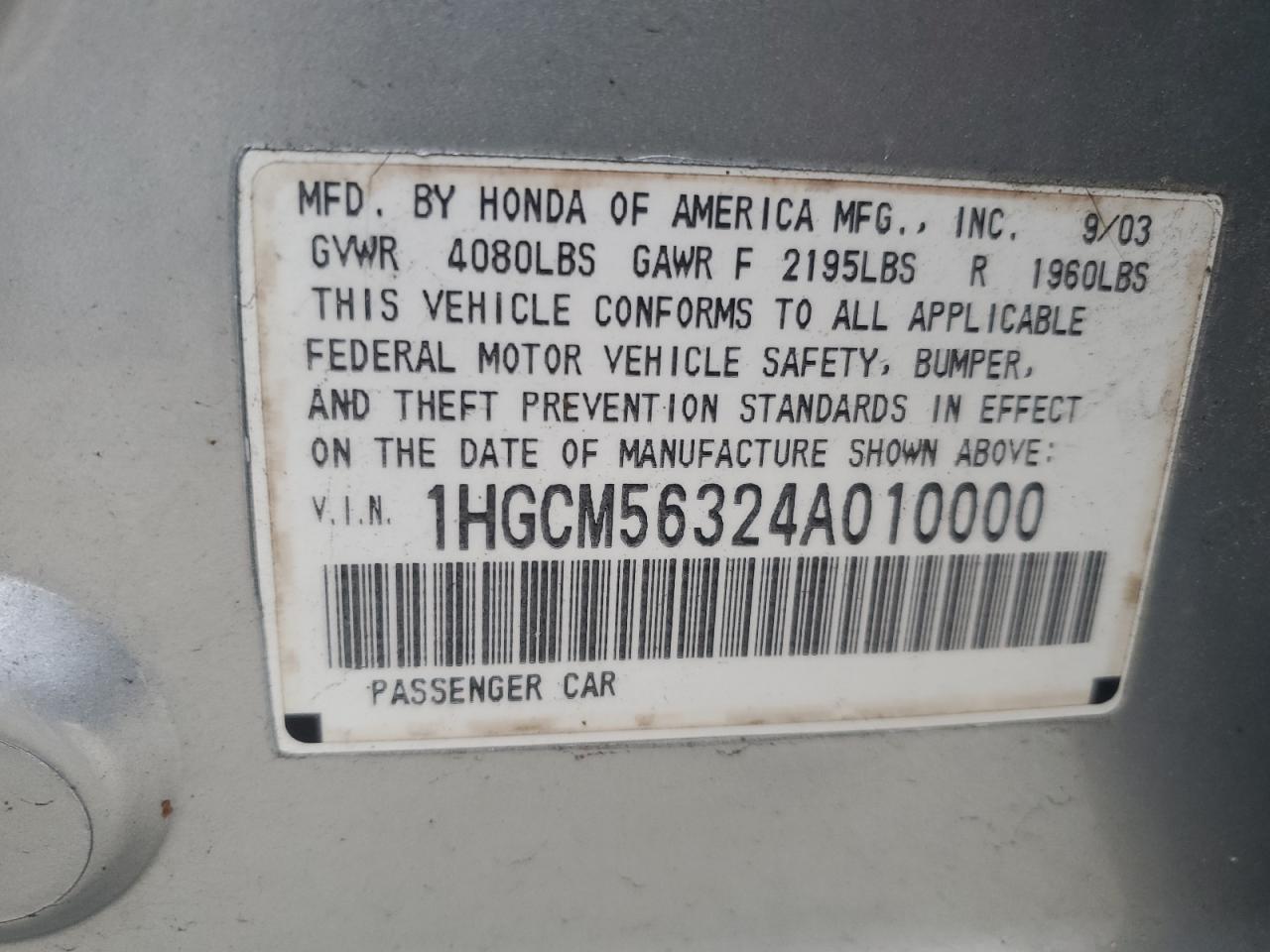 2004 Honda Accord VIN 1HGCM56324A010000 Copart auction photo, all over damage thumbnail 12