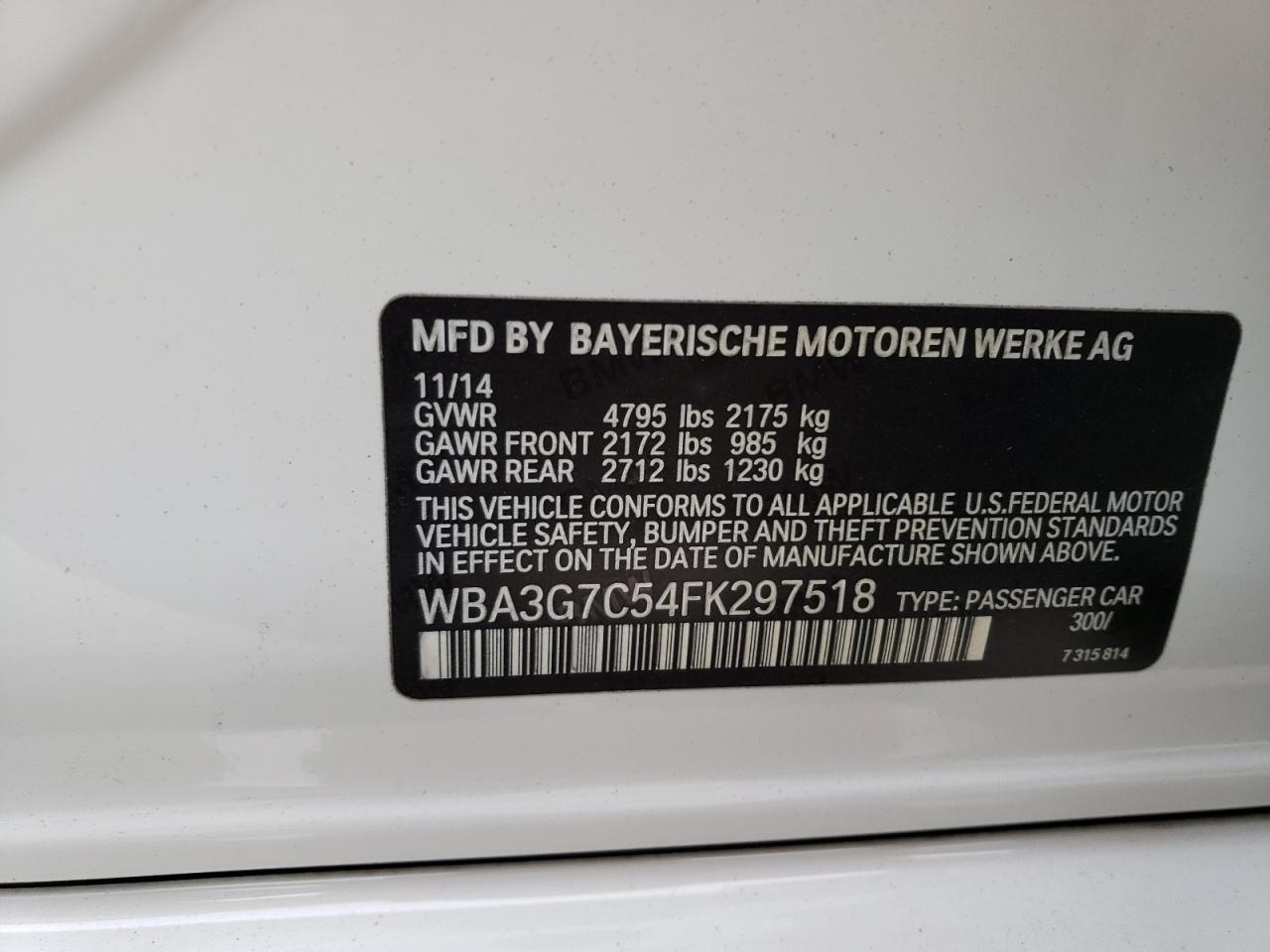 2015 BMW 3er VIN WBA3G7C54FK297518 Copart auction photo, side damage thumbnail 14