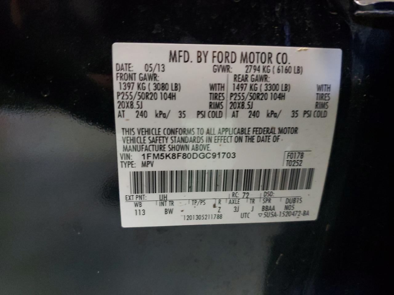 2013 Ford Explorer VIN 1FM5K8F80DGC91703 Copart auction photo, minor dent/scratches damage thumbnail 13