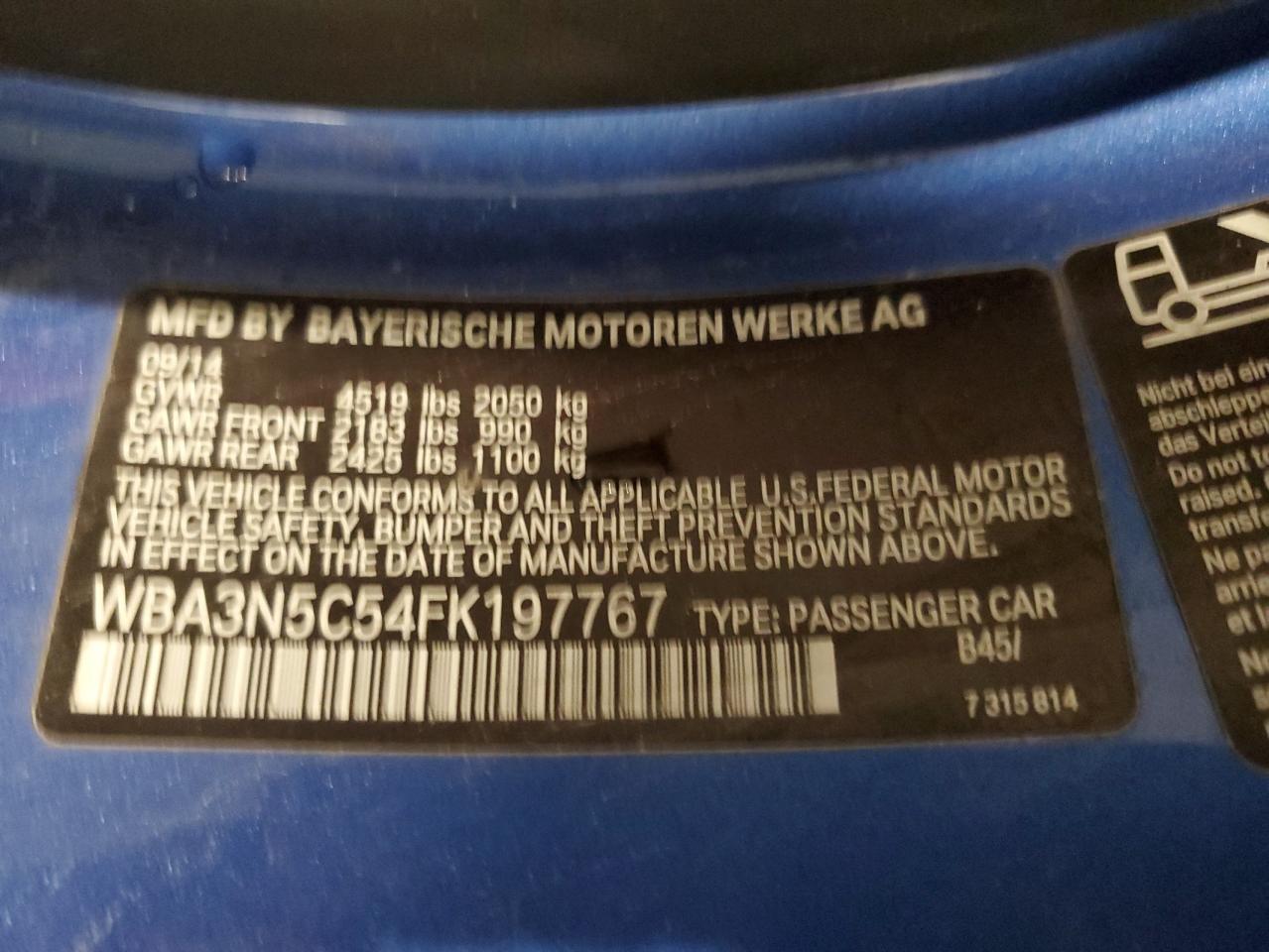 2015 BMW 4er VIN WBA3N5C54FK197767 Copart auction photo, front end damage thumbnail 12