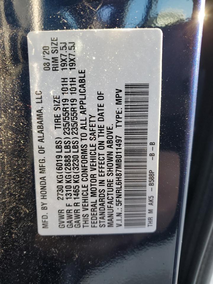 2021 Honda Odyssey VIN 5FNRL6H87MB011497 Copart auction photo, side / front end damage thumbnail 15