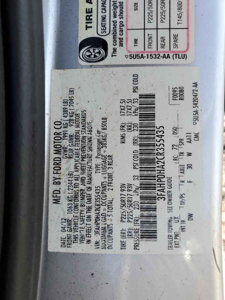 2012 Ford Fusion VIN 3FAHP0HA2CR355435 Copart auction photo, front end / minor dent/scratches damage thumbnail 12