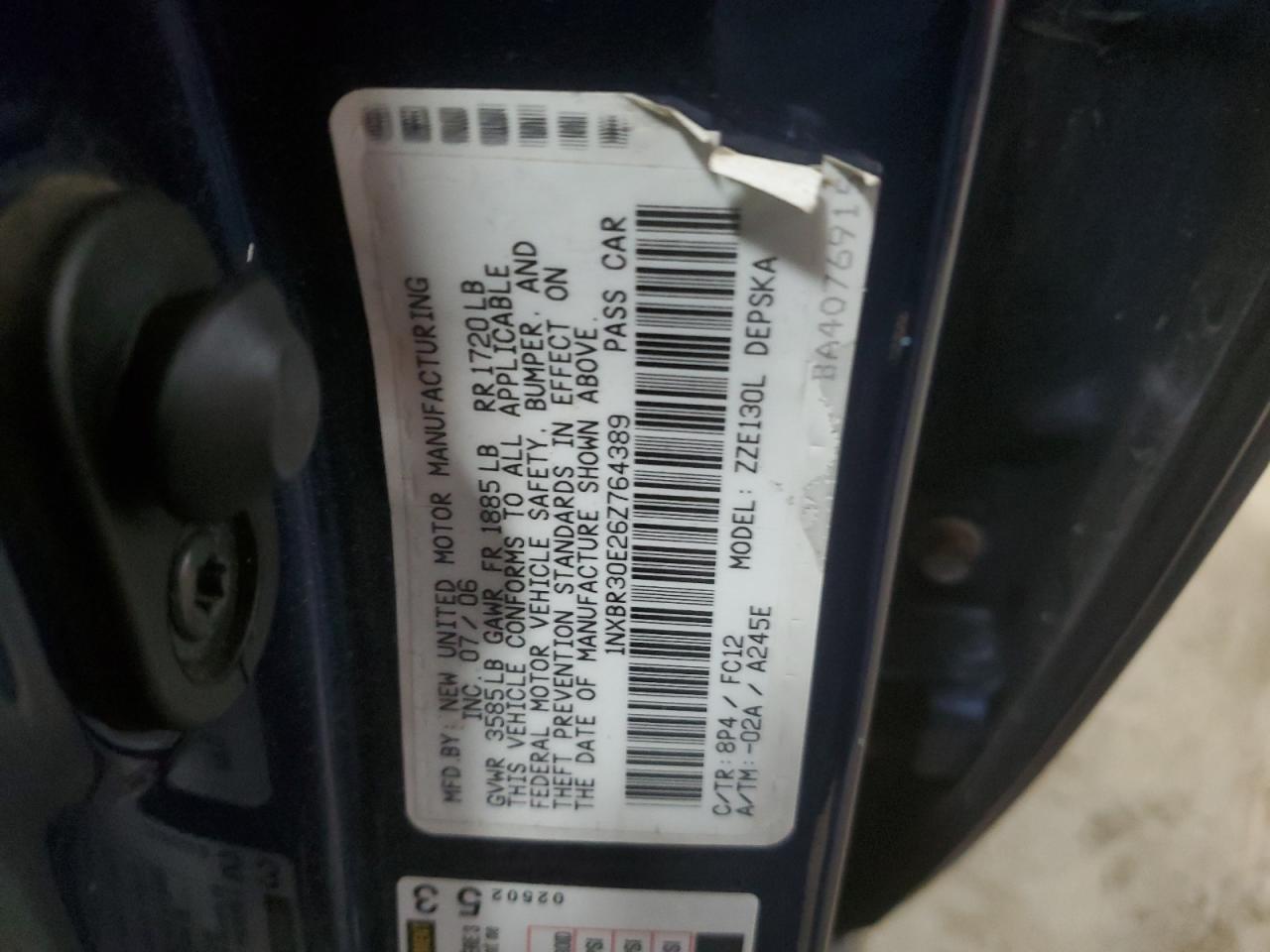 2006 Toyota Corolla VIN 1NXBR30E26Z764389 Copart auction photo, rear end / side damage thumbnail 12