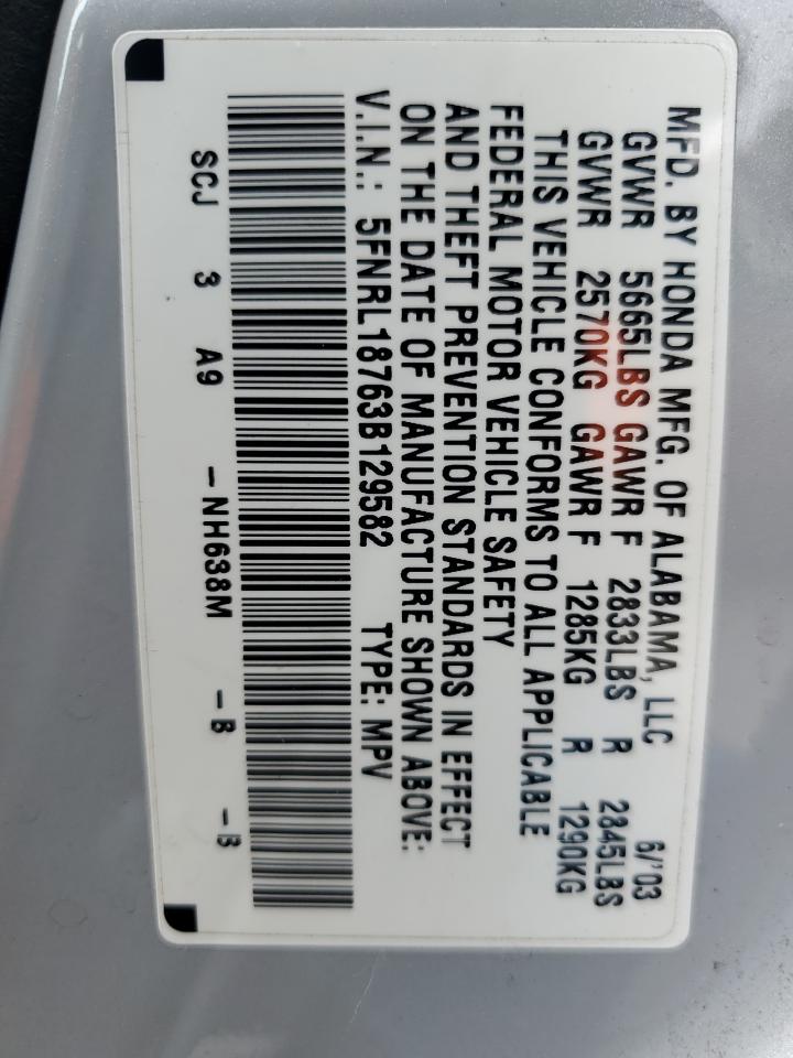 2003 Honda Odyssey VIN 5FNRL18763B129582 Copart auction photo, side / minor dent/scratches damage thumbnail 13
