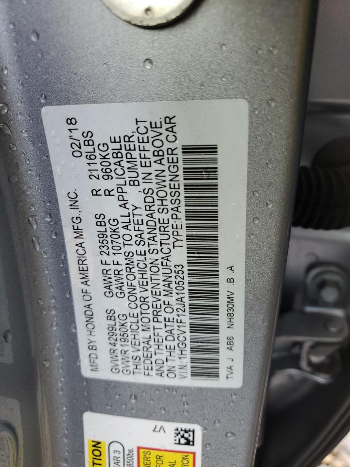 2018 Honda Accord VIN 1HGCV1F12JA105253 Copart auction photo, front end damage thumbnail 12