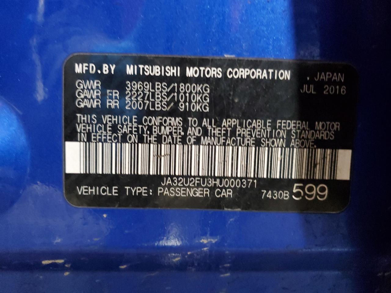 2017 Mitsubishi Lancer VIN JA32U2FU3HU000371 Copart auction photo, front end / rear end damage thumbnail 13