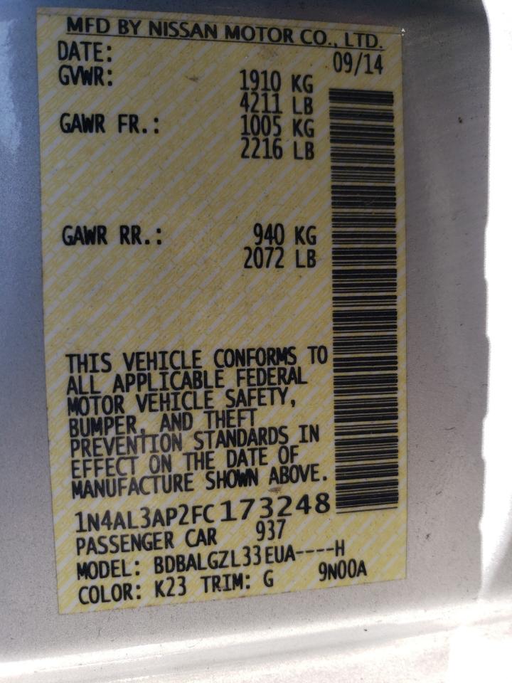 2015 Nissan Altima VIN 1N4AL3AP2FC173248 Copart auction photo, rear end / side damage thumbnail 12