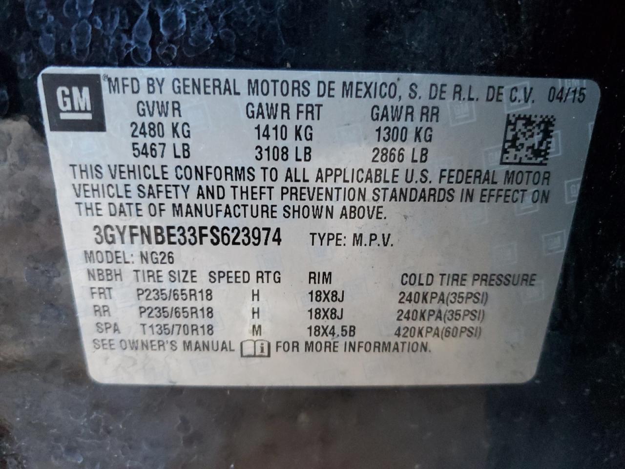 2015 Cadillac SRX VIN 3GYFNBE33FS623974 Copart auction photo, front end damage thumbnail 13