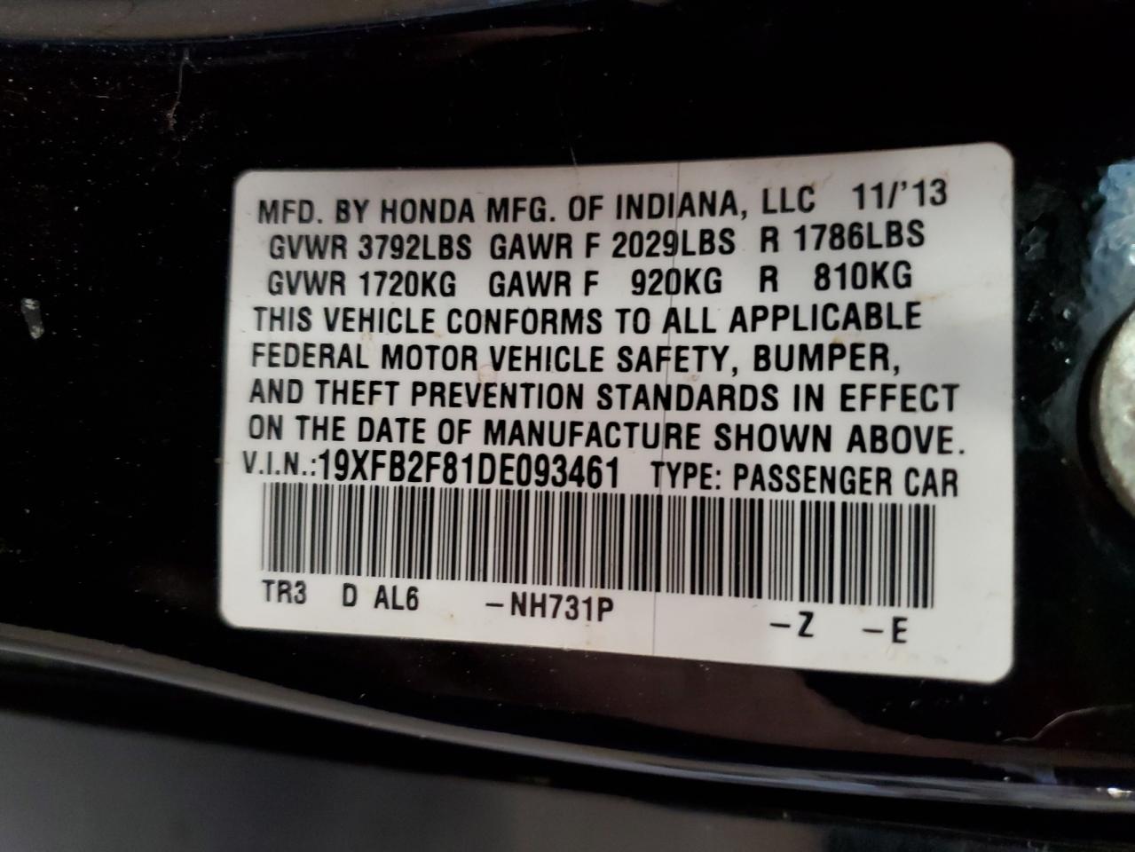 2013 Honda Civic VIN 19XFB2F81DE093461 Copart auction photo, rear end / all over damage thumbnail 13