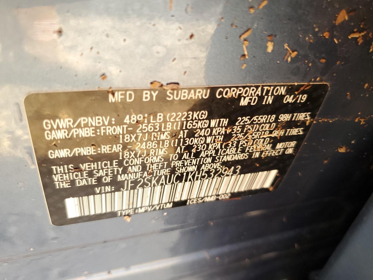 2019 Subaru Forester VIN JF2SKAUC1KH532943 Copart auction photo, water/flood damage thumbnail 14