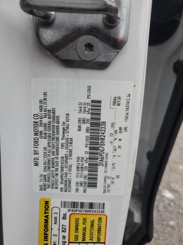 2017 Ford Fusion VIN 3FA6P0G78HR243338 Copart auction photo, front end / side damage thumbnail 13