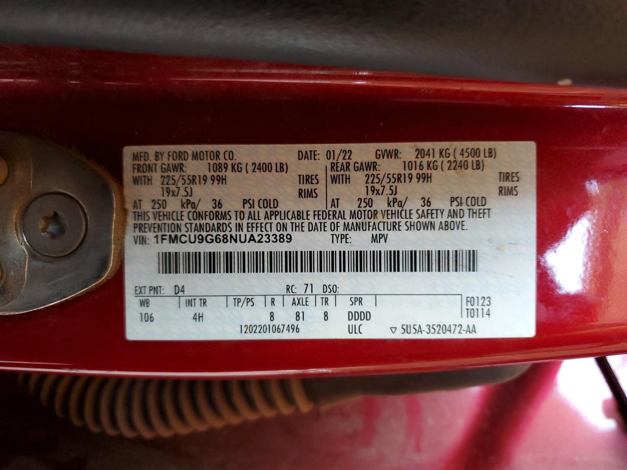 2022 Ford Escape VIN 1FMCU9G68NUA23389 Copart auction photo, front end / side damage thumbnail 12