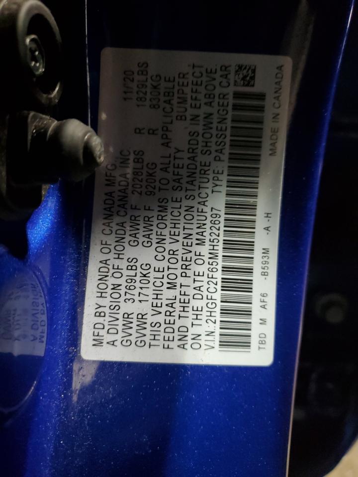 2021 Honda Civic VIN 2HGFC2F65MH522697 Copart auction photo, front end damage thumbnail 12