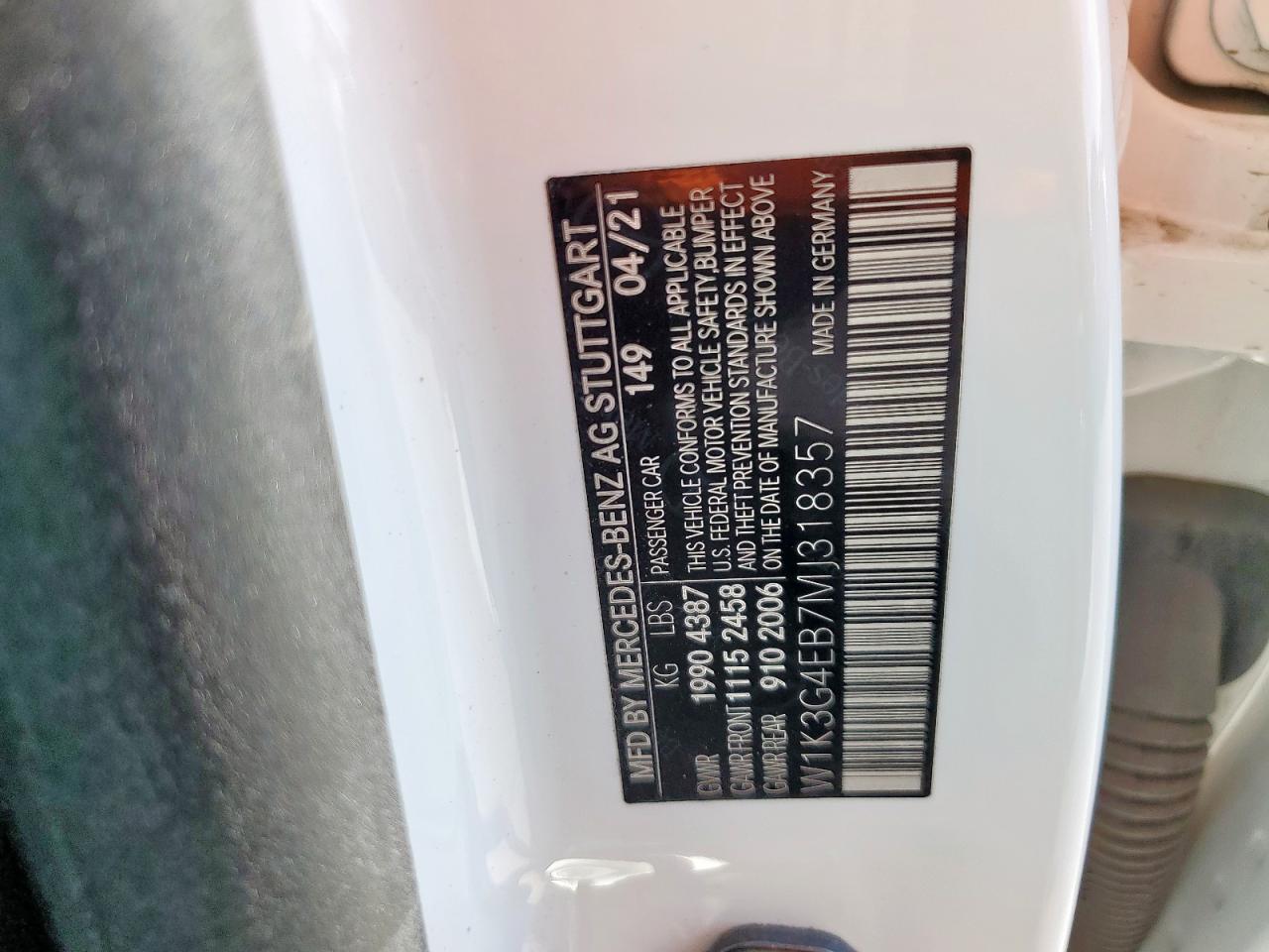 2021 Mercedes-Benz A-klasse VIN W1K3G4EB7MJ318357 Copart auction photo, front end damage thumbnail 12