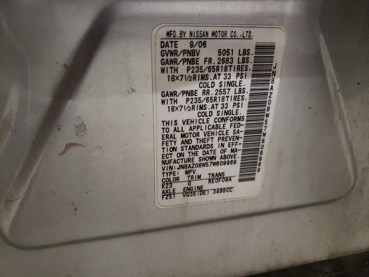 2007 Nissan Murano VIN JN8AZ08W57W609969 Copart auction photo, hail damage thumbnail 13