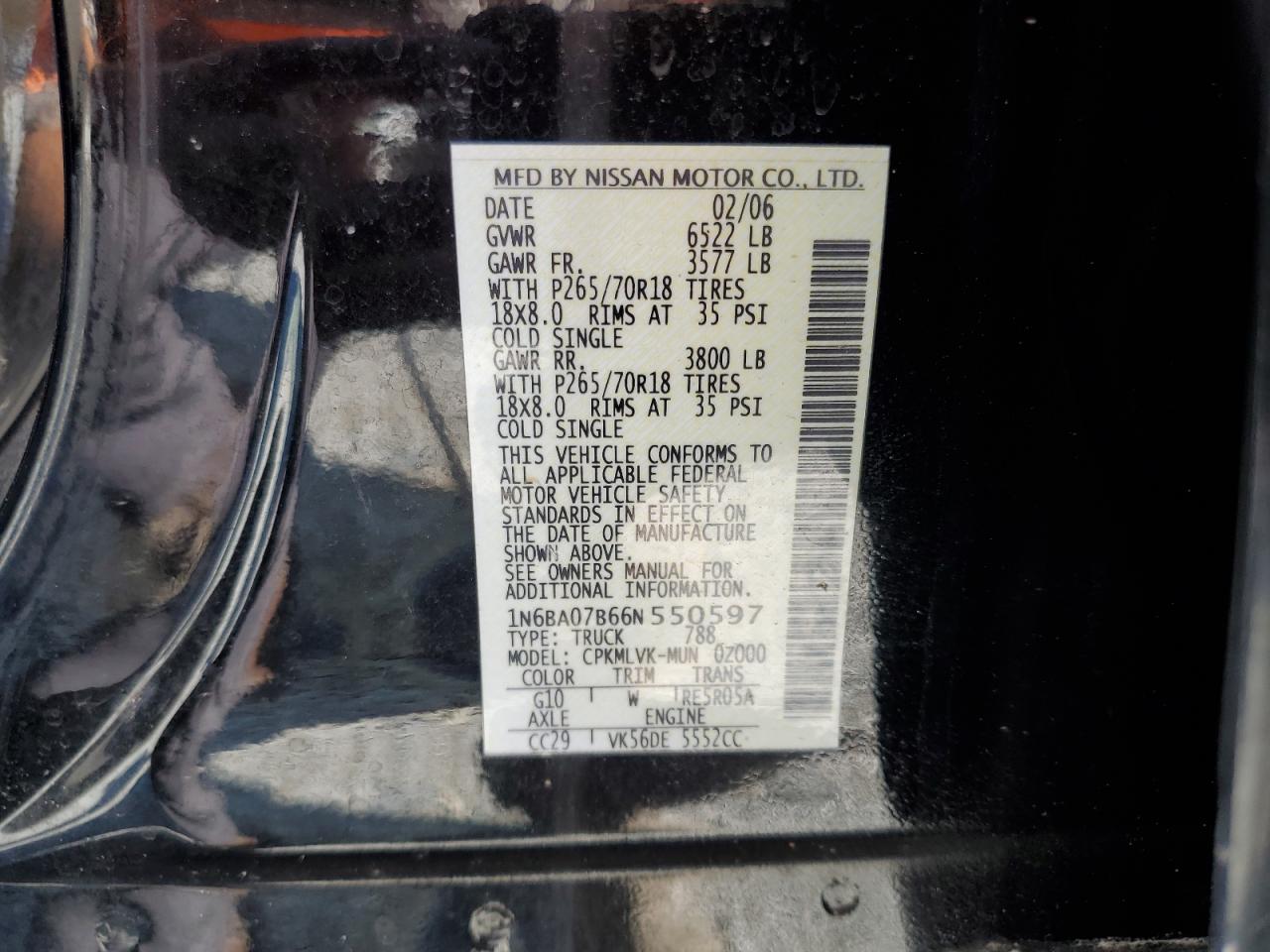 2006 Nissan Titan VIN 1N6BA07B66N550597 Copart auction photo, front end / top/roof damage thumbnail 12
