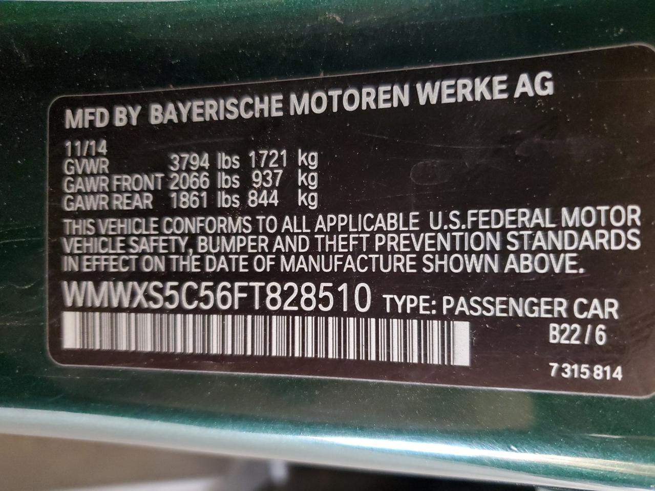 2015 MINI Cooper VIN WMWXS5C56FT828510 Copart auction photo, front end damage thumbnail 12