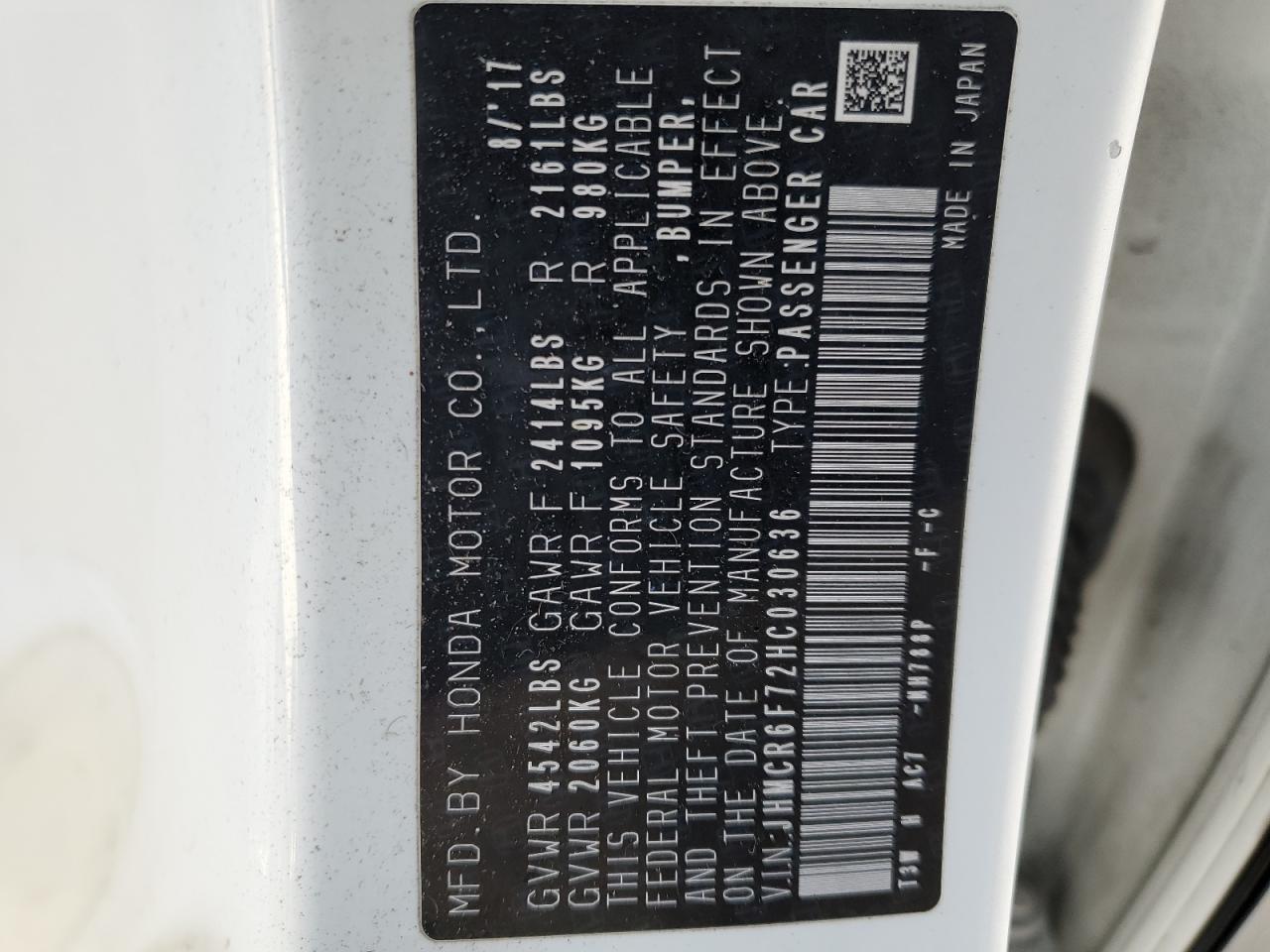 2017 Honda Accord VIN JHMCR6F72HC030636 Copart auction photo, all over damage thumbnail 12