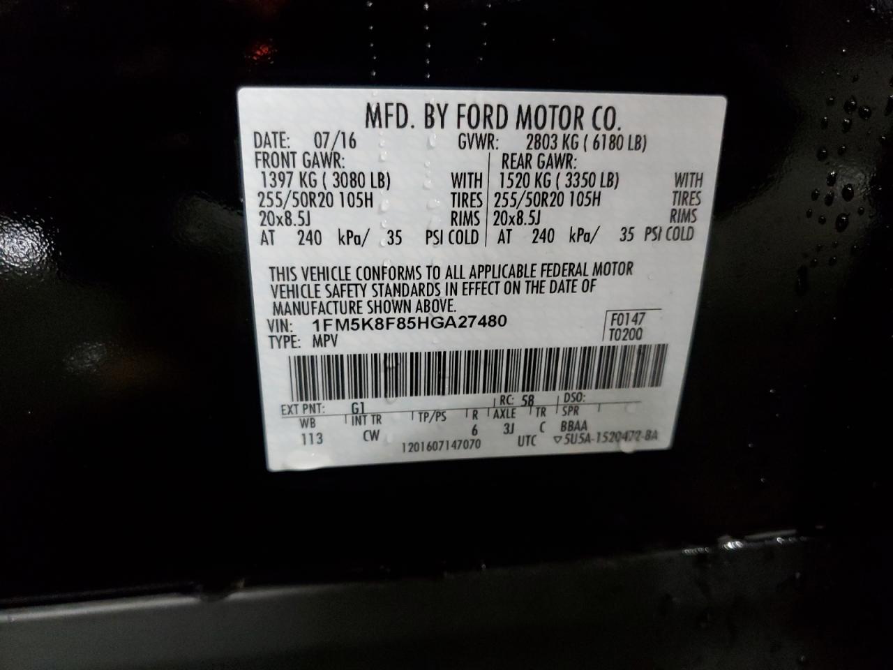2017 Ford Explorer VIN 1FM5K8F85HGA27480 Copart auction photo, rear end damage thumbnail 14