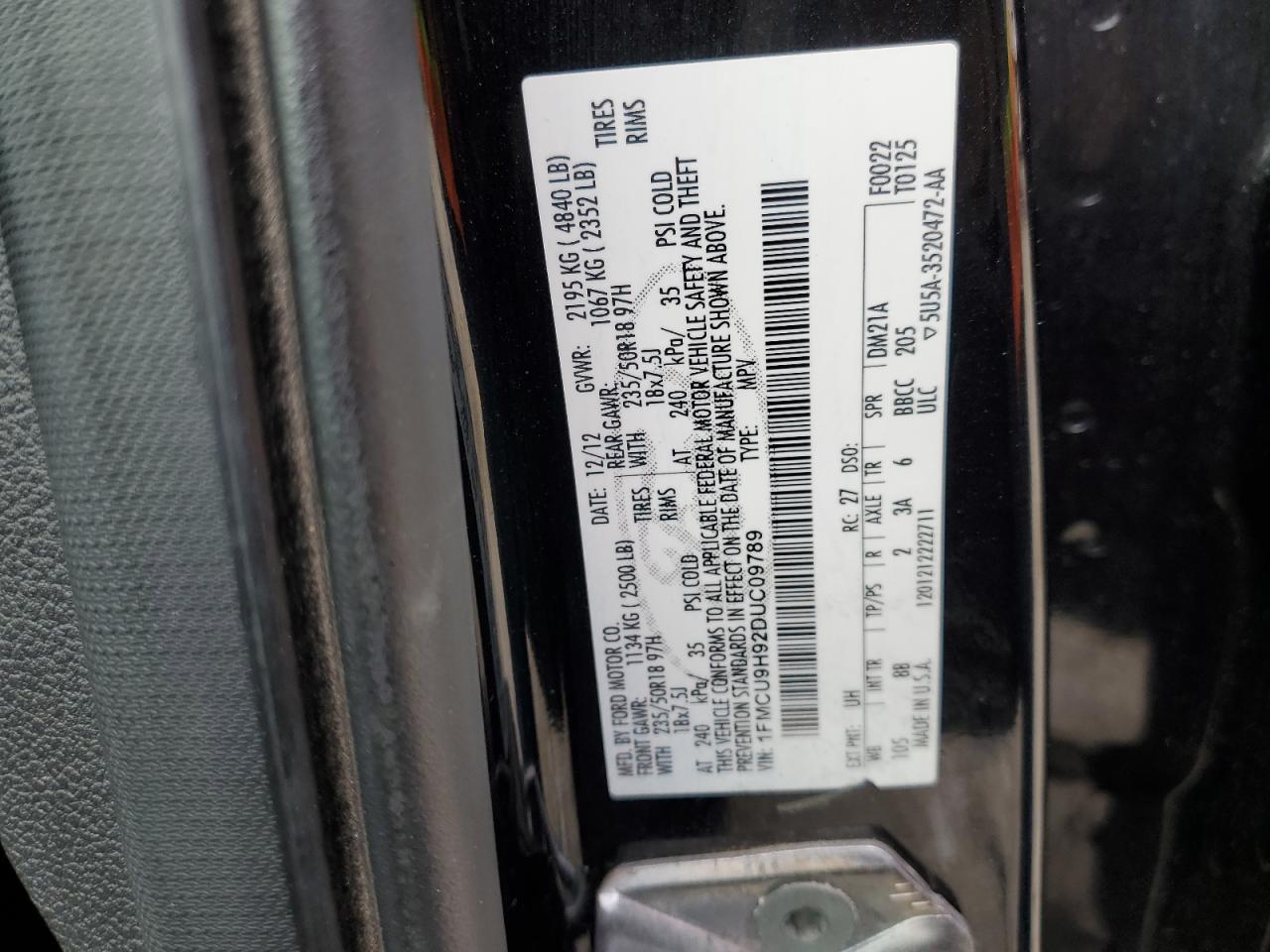 2013 Ford Escape VIN 1FMCU9H92DUC09789 Copart auction photo, all over damage thumbnail 13