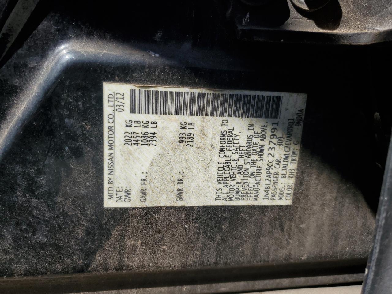 2012 Nissan Altima VIN 1N4BL2AP9CC237991 Copart auction photo, front end damage thumbnail 13