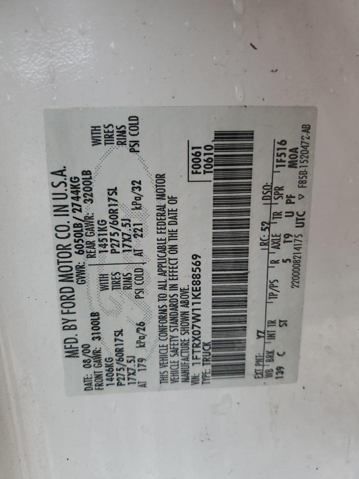 2001 Ford F-150 VIN 1FTRX07W11KE88569 Copart auction photo, burn damage thumbnail 13