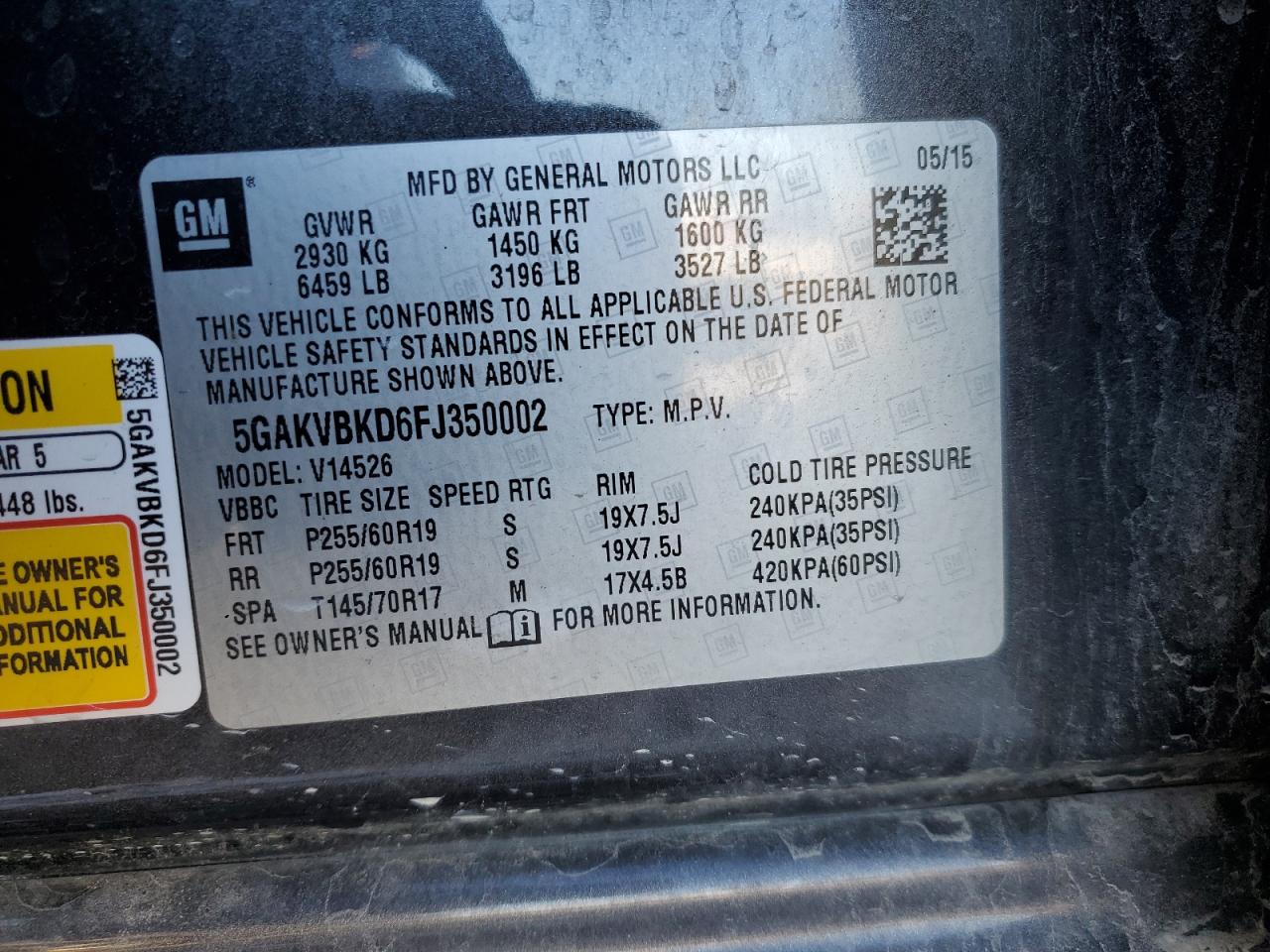 2015 Buick Enclave VIN 5GAKVBKD6FJ350002 Copart auction photo, front end / minor dent/scratches damage thumbnail 13