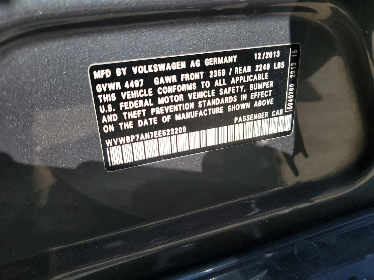 2014 Volkswagen Passat CC VIN WVWBP7AN7EE523209 Copart auction photo, rear end damage thumbnail 15